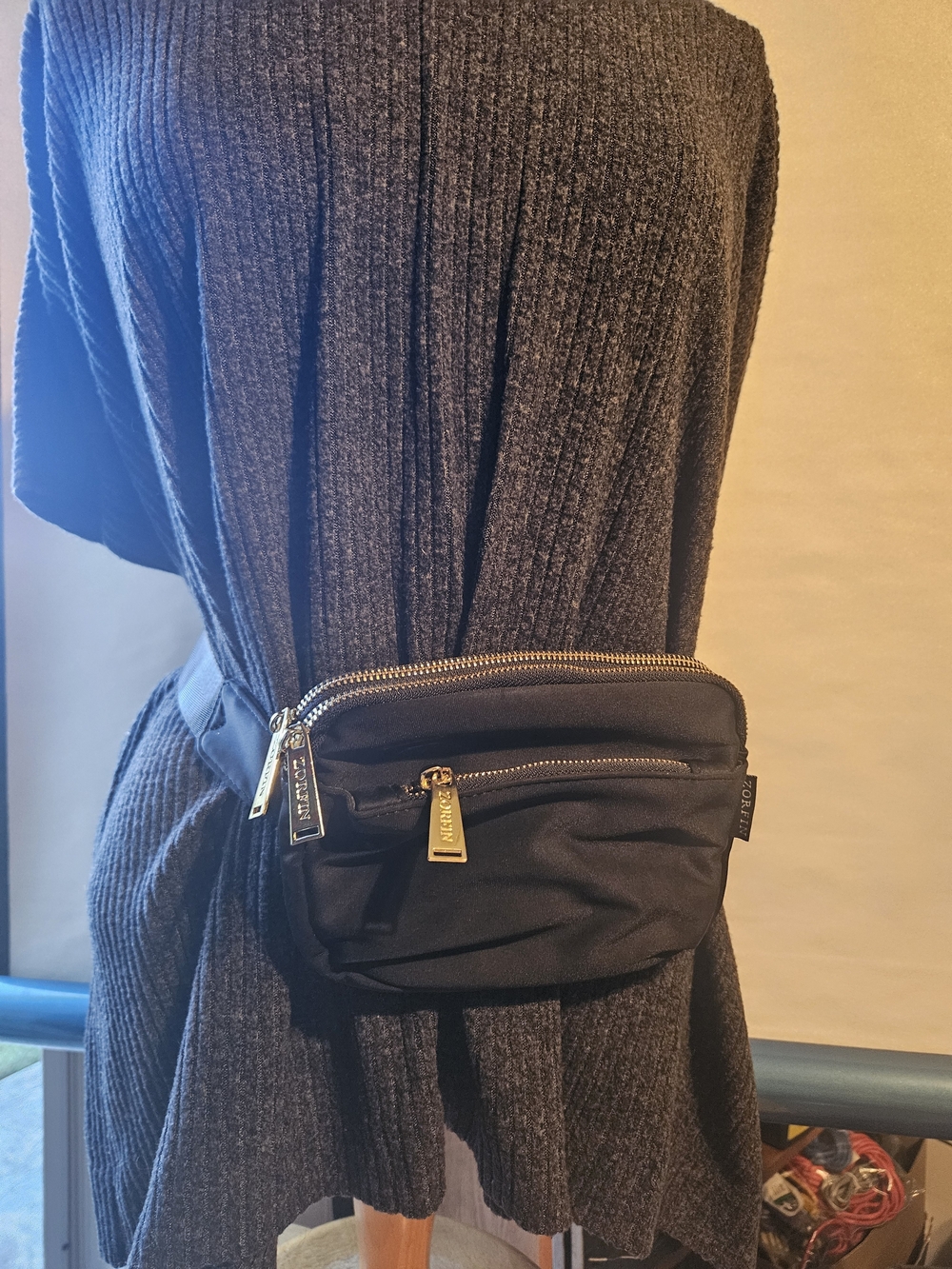Zorfin Black Waist Bag with Gold Zippers